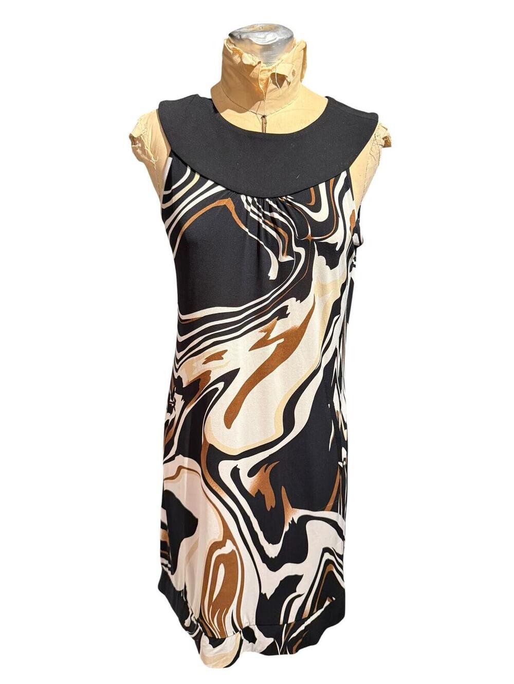 Cache Vintage Sleeveless Abstract Print Dress with Black Collar